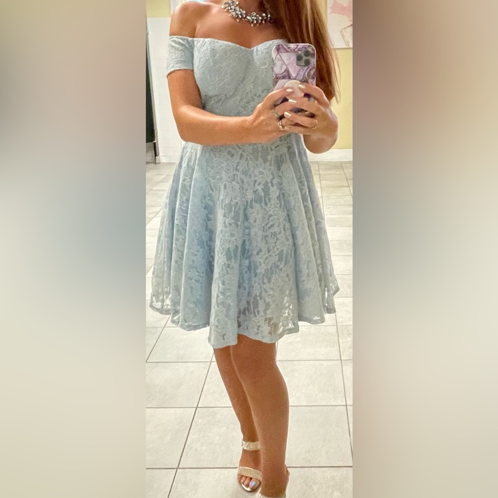 Baby blue off the shoulder lace dress